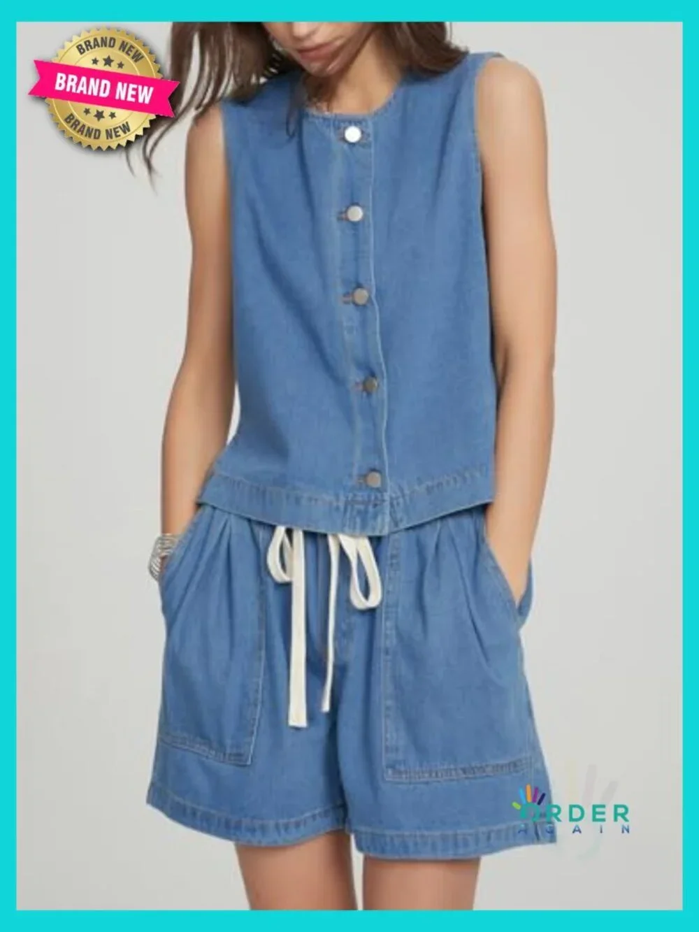 Denim Two Piece Outfits Casual Sleeveless Vest with Elastic Waist Baggy Jean